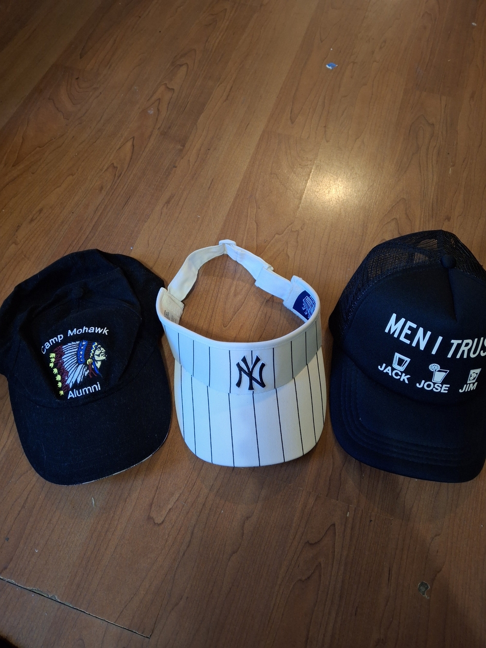 Lot of 3 Hats NY Yankees Pinstripe Visor Camp Mohawk Novelty Trucker Cap